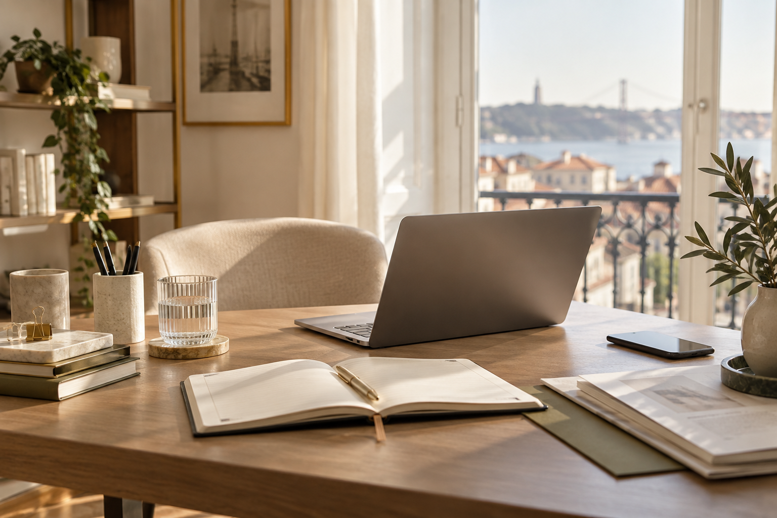 Bright home office with a view of Lisbon